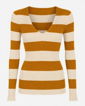 Roberto Collina Ribbed Stripe Knit Sweater Top Womens M V-Neck Mustard Cream